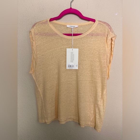 NWT Frame Washed Nude Peach Pink 100% Organic Linen Rolled Muscle T-Shirt S - Picture 5 of 9